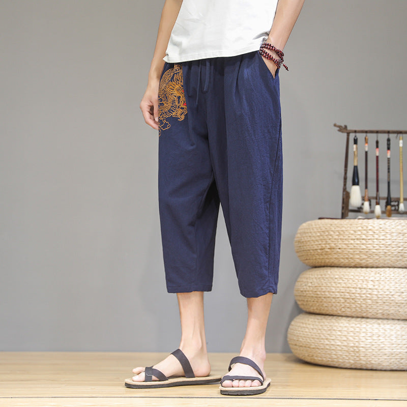 Pure Linen with Linen Embroidery Pants Men