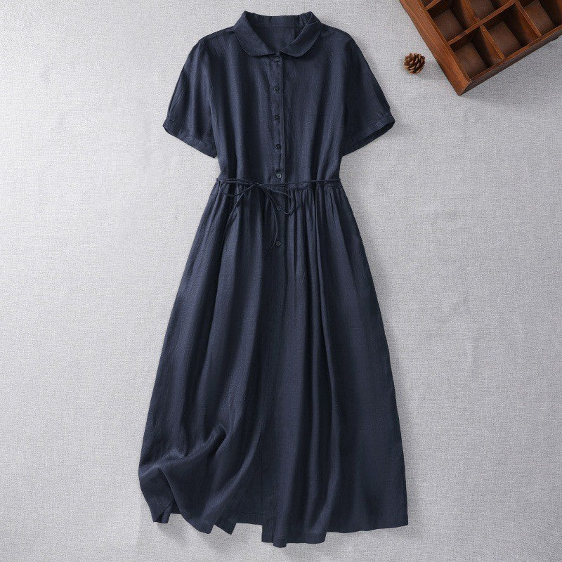 Pure Linen Short-sleeved Dress and Belt Women's
