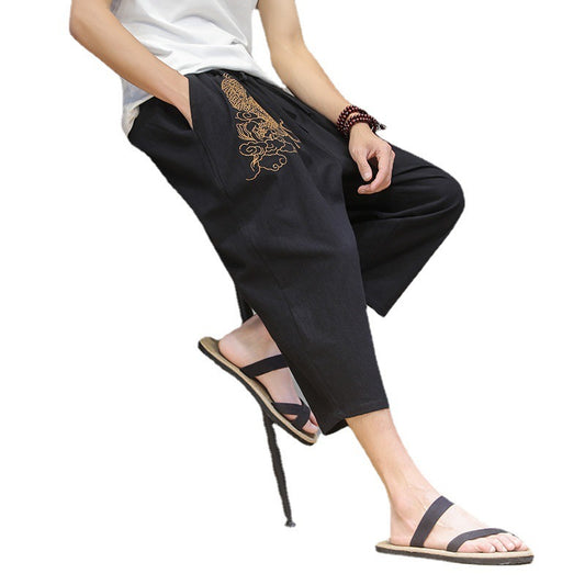 Pure Linen with Linen Embroidery Pants Men