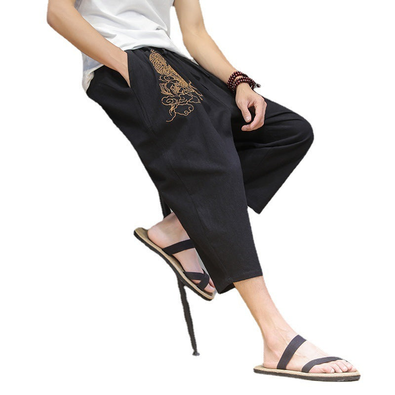 Pure Linen with Linen Embroidery Pants Men