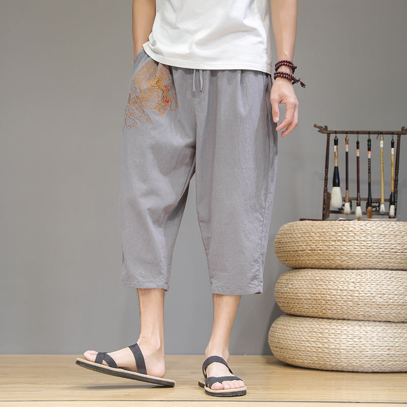 Pure Linen with Linen Embroidery Pants Men