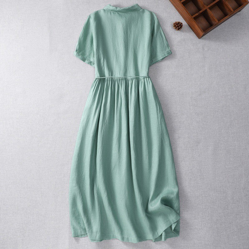 Pure Linen Short-sleeved Dress and Belt Women's