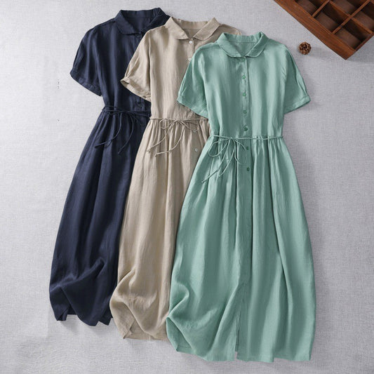 Pure Linen Short-sleeved Dress and Belt Women's