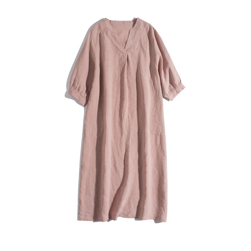 Stone Washed Pure Linen Dress Artistic