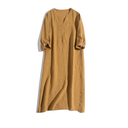 Stone Washed Pure Linen Dress Artistic