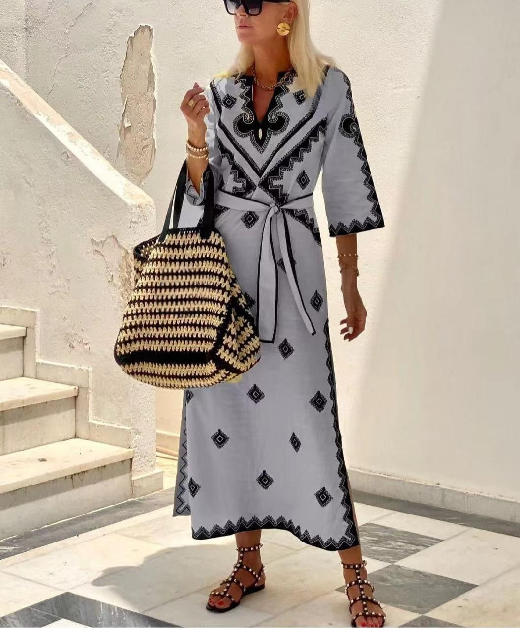 Pure Linen Bohemian Dress with Belt