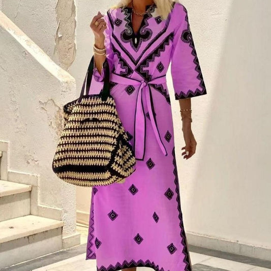 Pure Linen Bohemian Dress with Belt