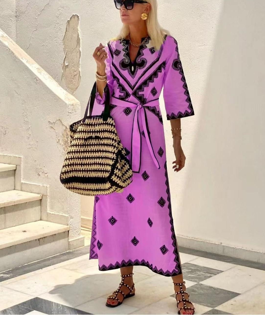 Pure Linen Bohemian Dress with Belt