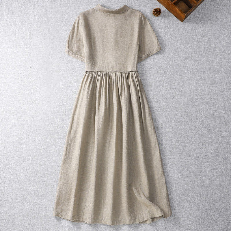 Pure Linen Short-sleeved Dress and Belt Women's