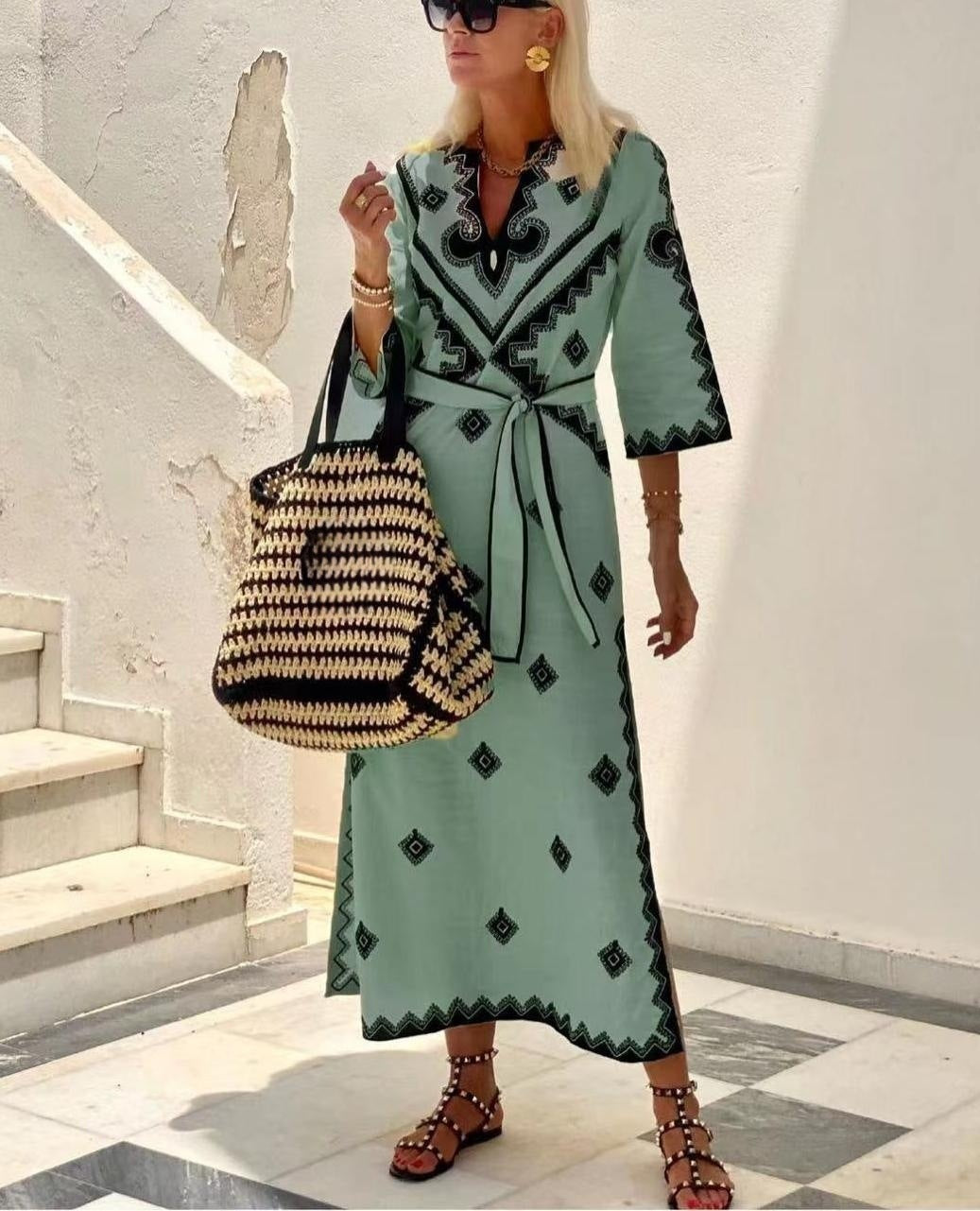 Pure Linen Bohemian Dress with Belt