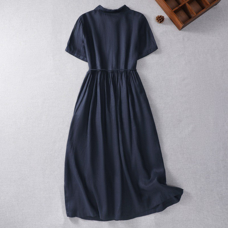 Pure Linen Short-sleeved Dress and Belt Women's