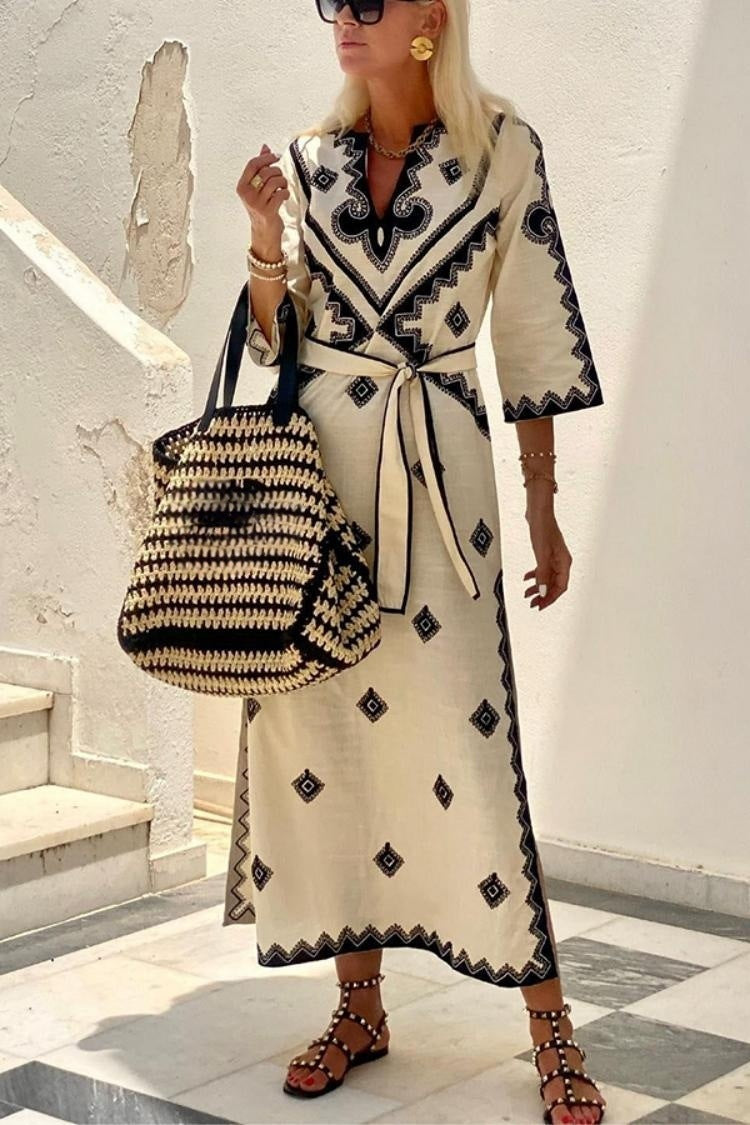 Pure Linen Bohemian Dress with Belt